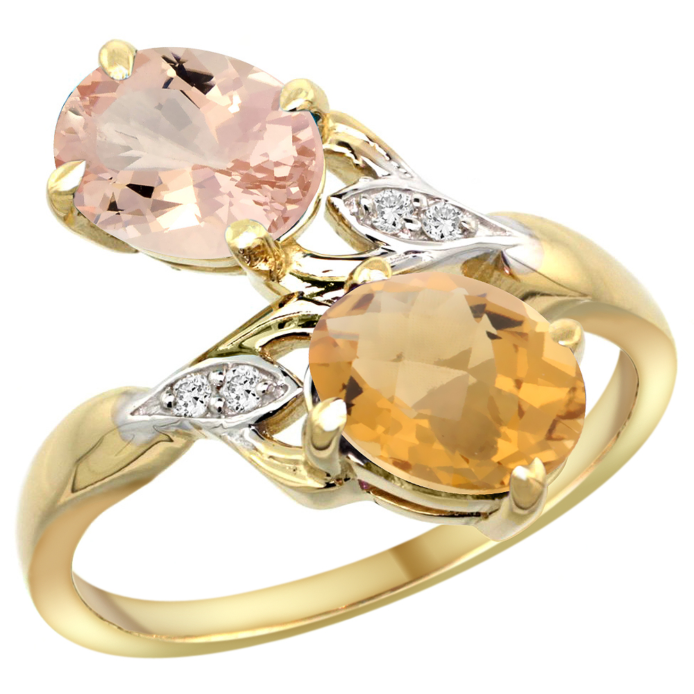 10K Yellow Gold Diamond Natural Morganite &amp; Whisky Quartz 2-stone Ring Oval 8x6mm, sizes 5 - 10
