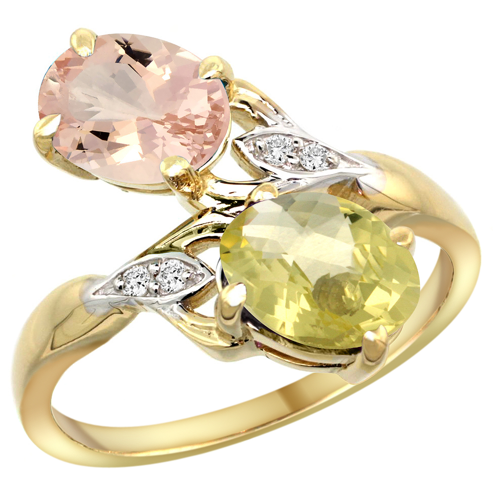 14k Yellow Gold Diamond Natural Morganite &amp; Lemon Quartz 2-stone Ring Oval 8x6mm, sizes 5 - 10