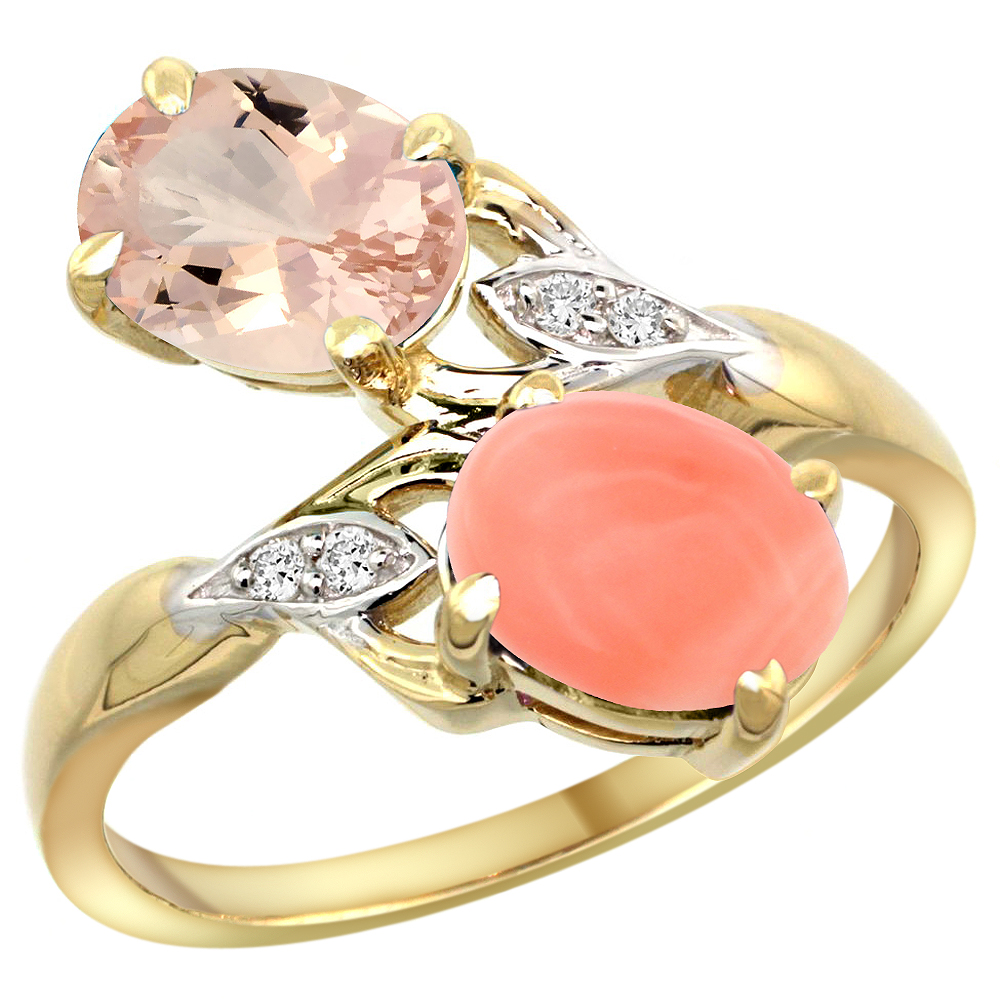 10K Yellow Gold Diamond Natural Morganite &amp; Coral 2-stone Ring Oval 8x6mm, sizes 5 - 10