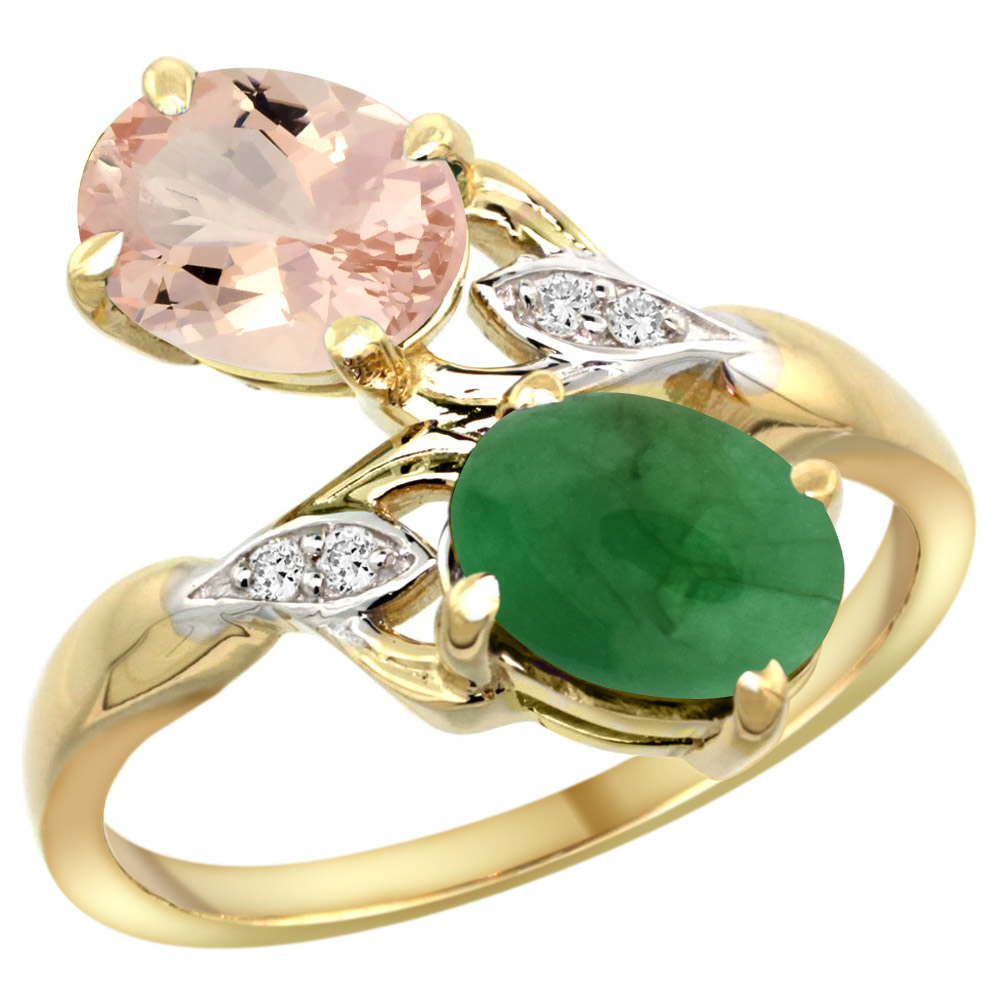 10K YELLOW GOLD DIAMOND NATURAL MORGANITE & CABOCHON EMERALD 2-STONE RING OVAL 8X6MM, SIZES 5 - 10