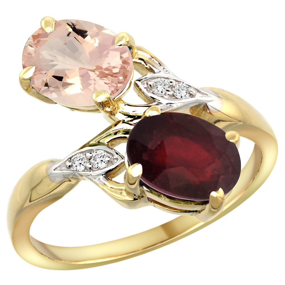 10K Yellow Gold Diamond Natural Morganite & Quality Ruby 2-stone Mothers Ring Oval 8x6mm, size 5 - 10