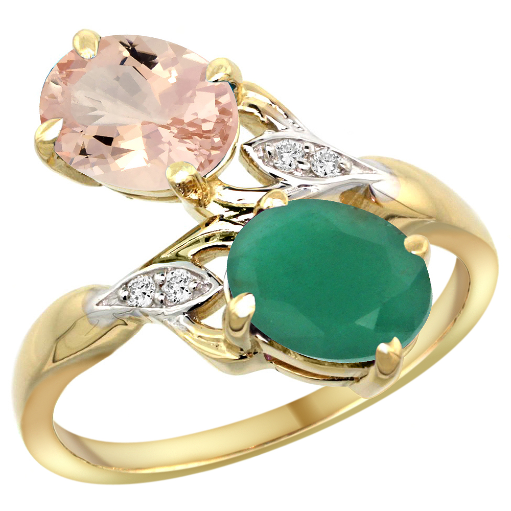 10K Yellow Gold Diamond Natural Morganite &amp; Quality Emerald 2-stone Mothers Ring Oval 8x6mm, size 5 - 10