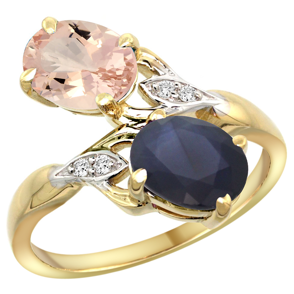 10K YELLOW GOLD DIAMOND NATURAL MORGANITE BLUE SAPPHIRE 2-STONE MOTHERS RING OVAL 8X6MM SIZE 5-10