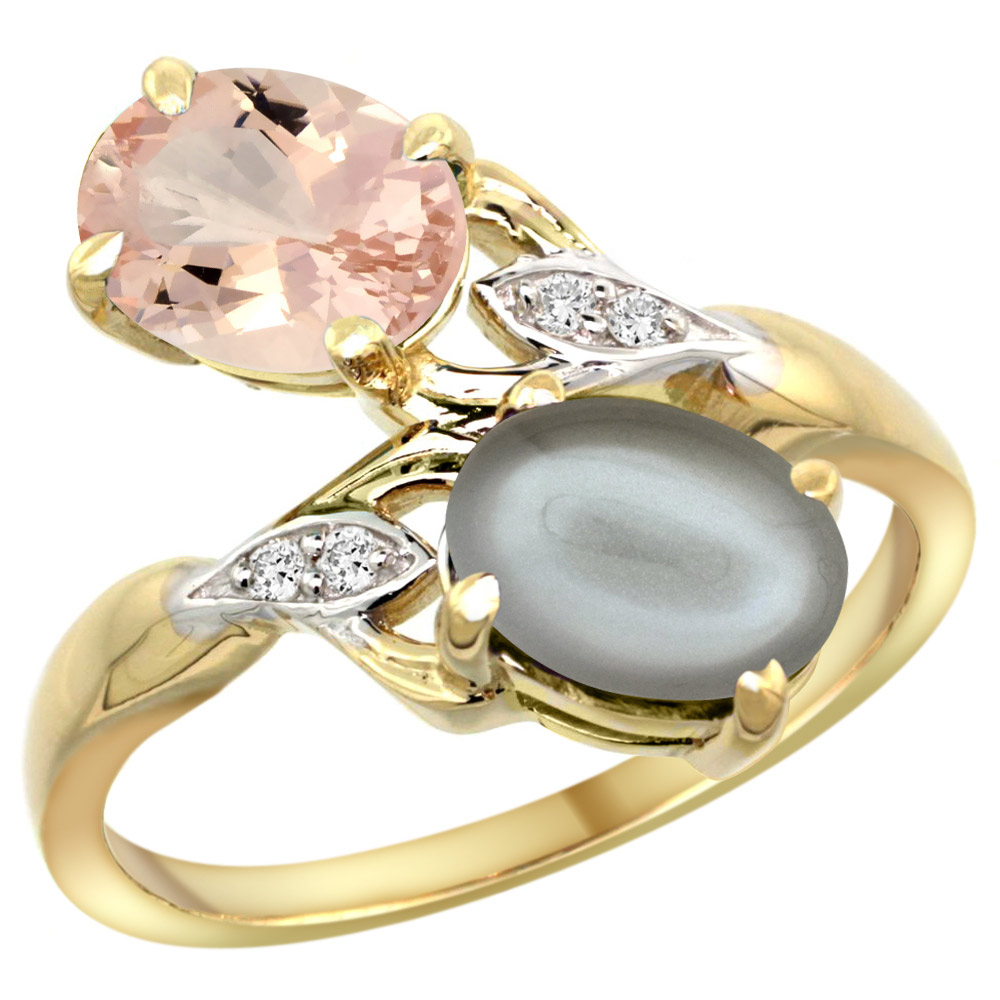10K YELLOW GOLD DIAMOND NATURAL MORGANITE & GRAY MOONSTONE 2-STONE RING OVAL 8X6MM, SIZES 5 - 10