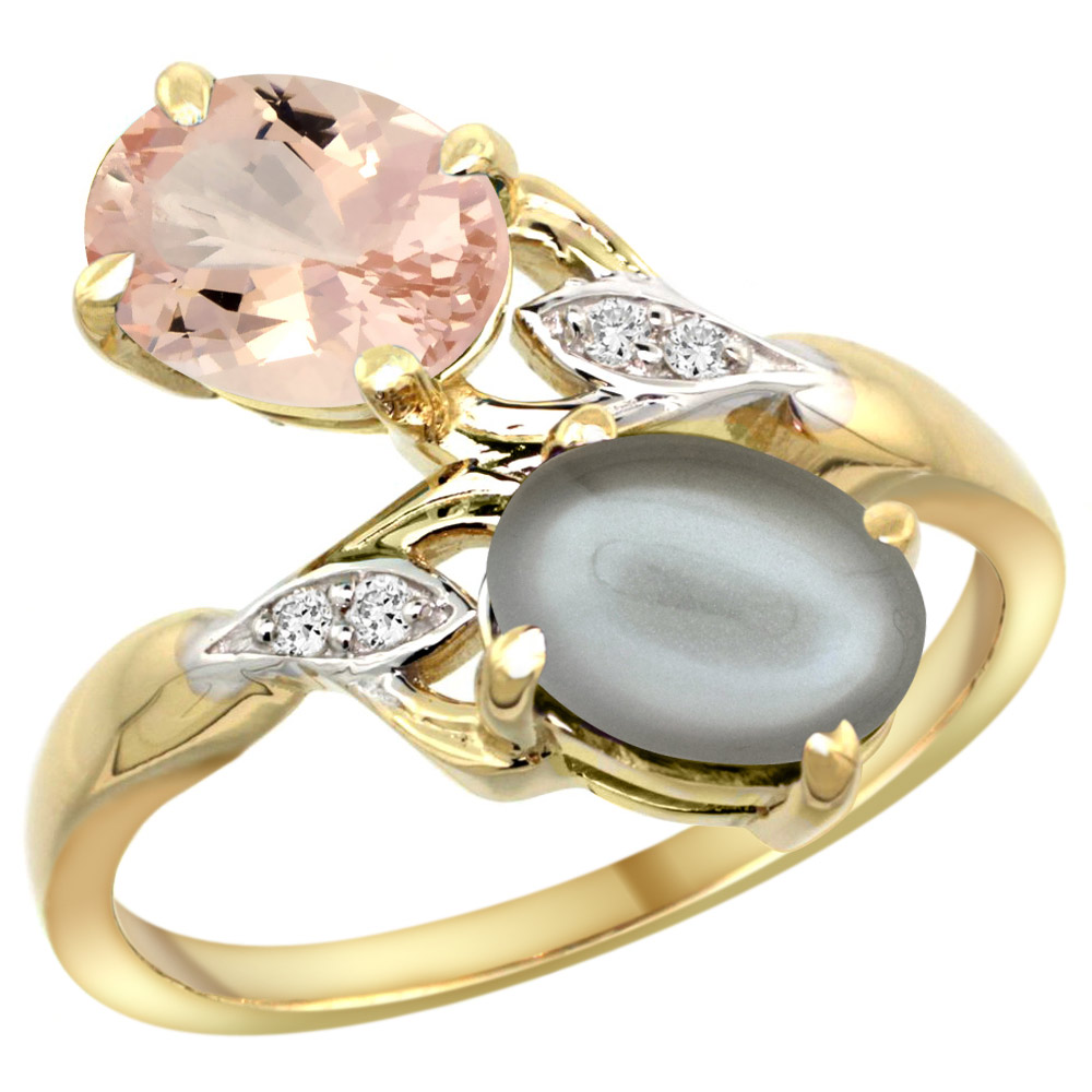 14k Yellow Gold Diamond Natural Morganite & Gray Moonstone 2-stone Ring Oval 8x6mm, sizes 5 - 10