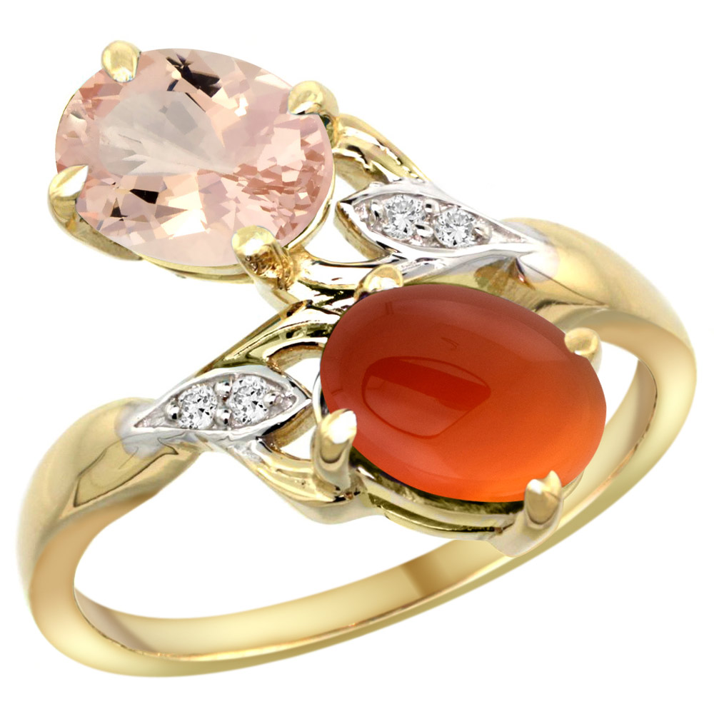 14k Yellow Gold Diamond Natural Morganite &amp; Brown Agate 2-stone Ring Oval 8x6mm, sizes 5 - 10