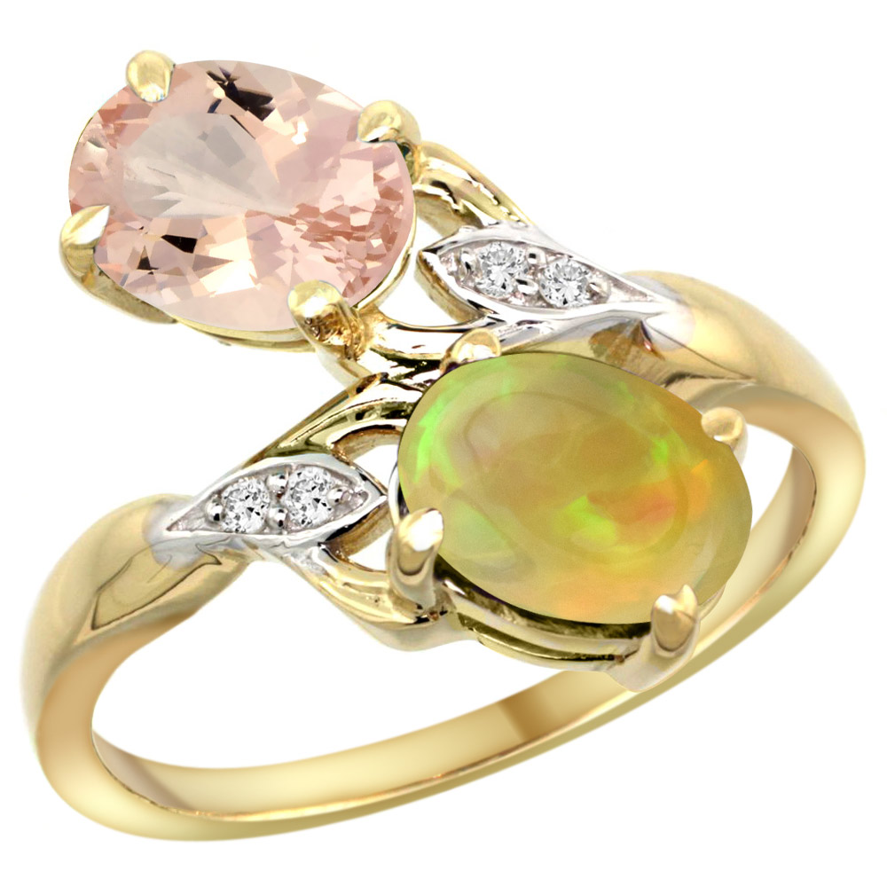 10K Yellow Gold Diamond Natural Morganite &amp; Ethiopian Opal 2-stone Mothers Ring Oval 8x6mm, size 5 - 10