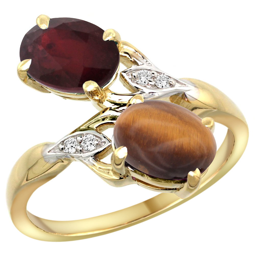 10K YELLOW GOLD DIAMOND ENHANCED GENUINE RUBY & NATURAL TIGER EYE 2-STONE RING OVAL 8X6MM, SIZES 5 - 10