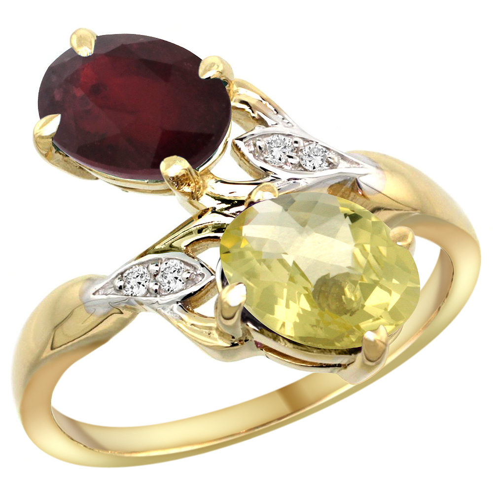 10K YELLOW GOLD DIAMOND ENHANCED GENUINE RUBY & NATURAL LEMON QUARTZ 2-STONE RING OVAL 8X6MM, SIZES 5 - 10