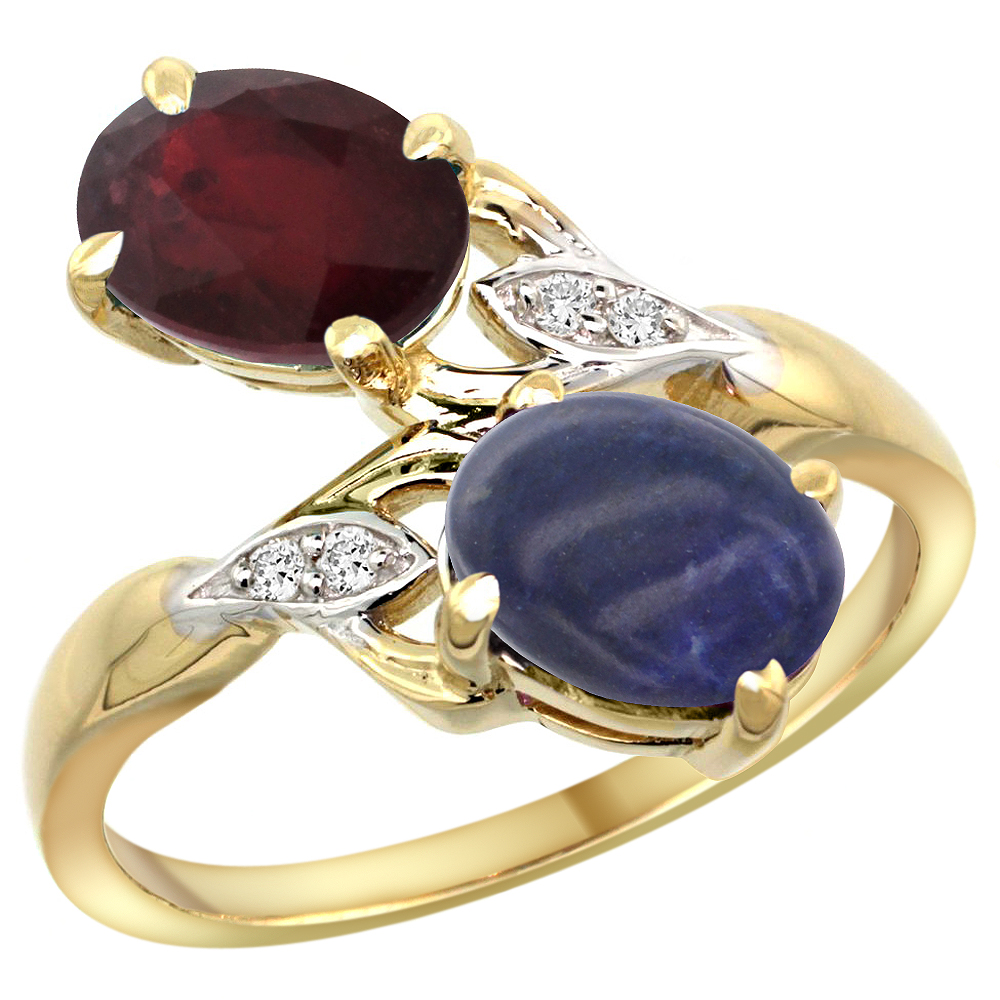 10K YELLOW GOLD DIAMOND ENHANCED GENUINE RUBY & NATURAL LAPIS 2-STONE RING OVAL 8X6MM, SIZES 5 - 10