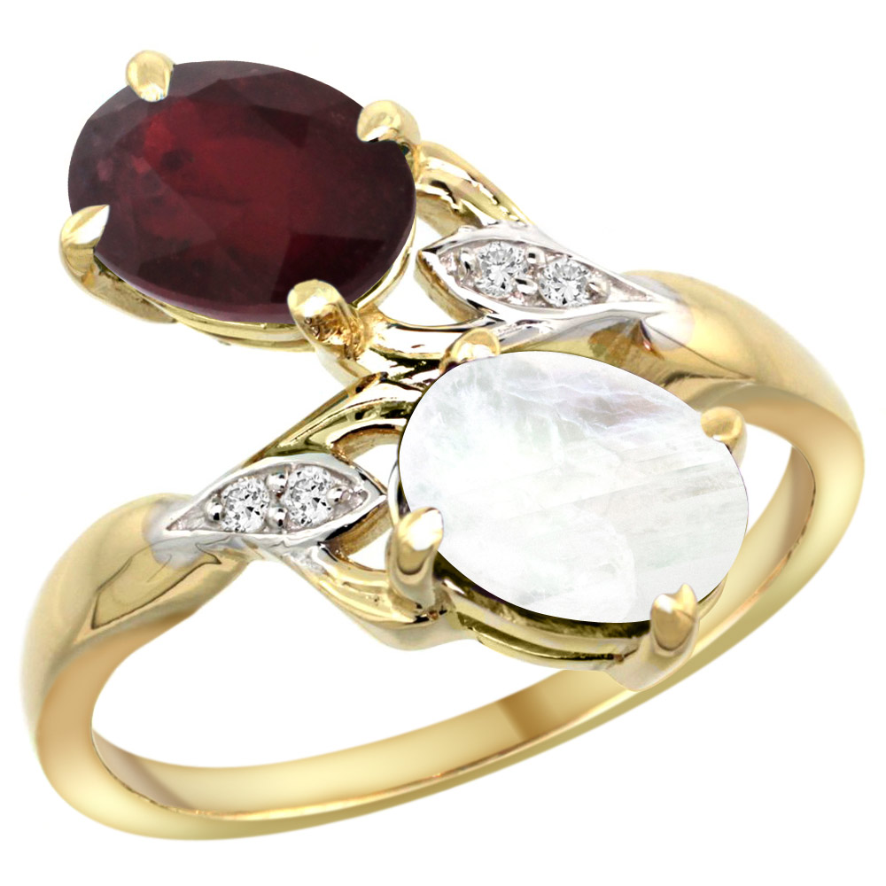 14k Yellow Gold Diamond Enhanced Genuine Ruby &amp; Natural Rainbow Moonstone 2-stone Ring Oval 8x6mm, sizes 5 - 10