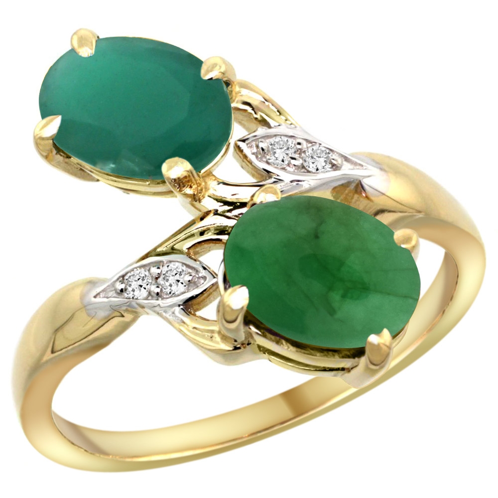 14k Yellow Gold Diamond Natural Quality Emerald&amp;Cabochon Emerald 2-stone Mothers Ring Oval 8x6mm,sz5 - 10