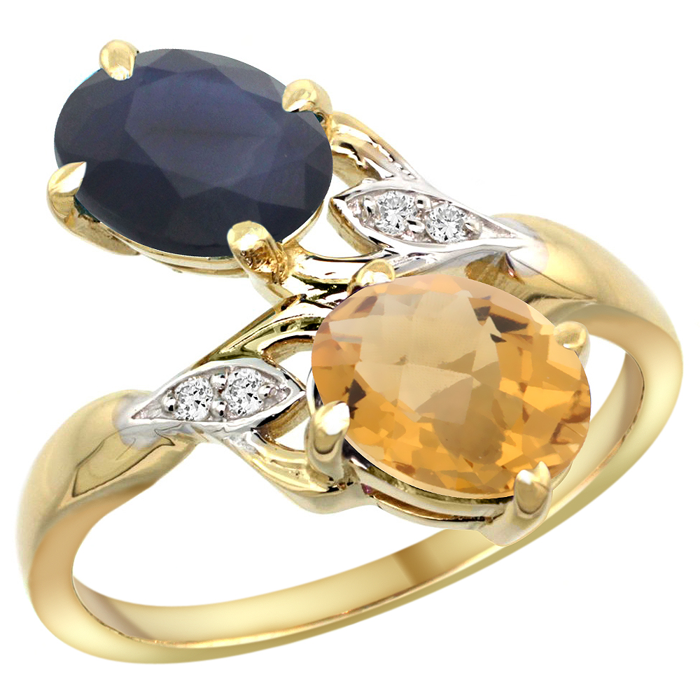 10K Yellow Gold Diamond Natural Blue Sapphire &amp; Whisky Quartz 2-stone Ring Oval 8x6mm, sizes 5 - 10