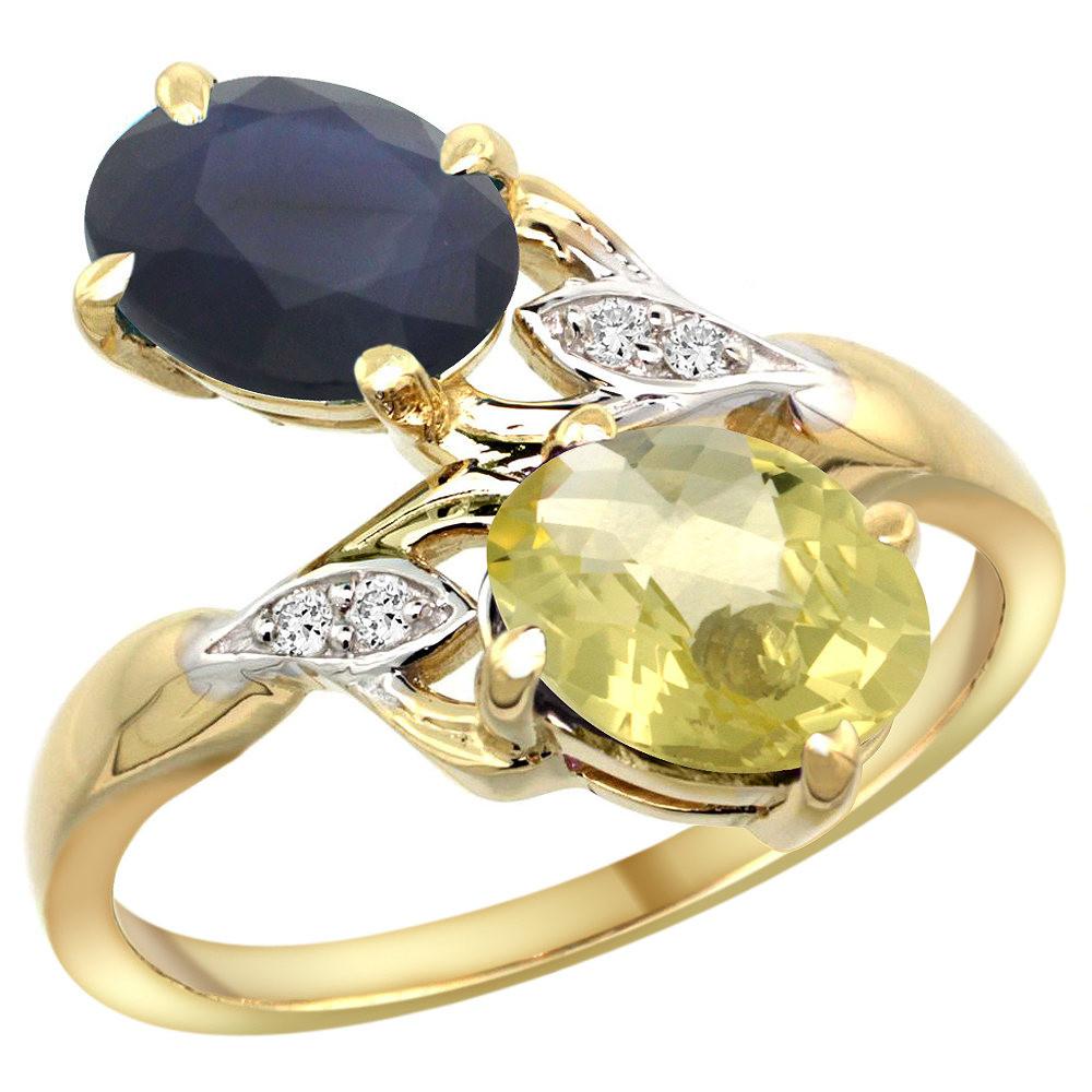 10K YELLOW GOLD DIAMOND NATURAL BLUE SAPPHIRE & LEMON QUARTZ 2-STONE RING OVAL 8X6MM, SIZES 5 - 10