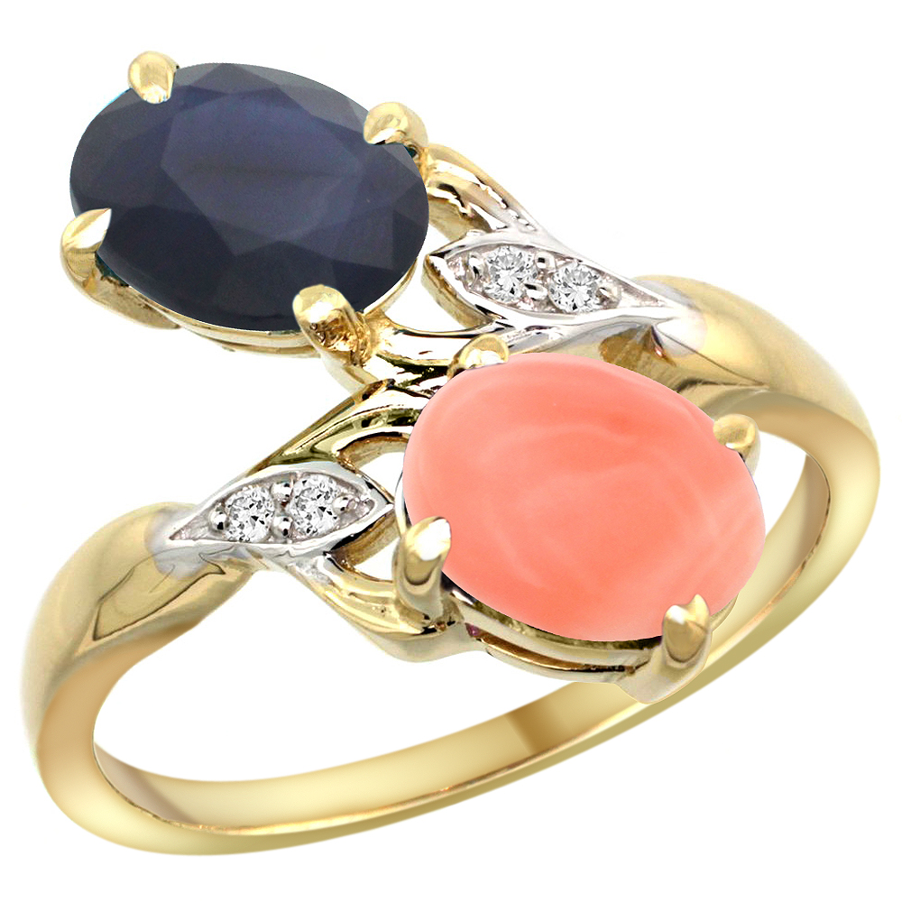 14k Yellow Gold Diamond Natural Blue Sapphire &amp; Coral 2-stone Ring Oval 8x6mm, sizes 5 - 10
