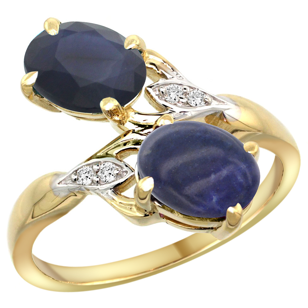 14k Yellow Gold Diamond Natural Blue Sapphire &amp; Lapis 2-stone Ring Oval 8x6mm, sizes 5 - 10