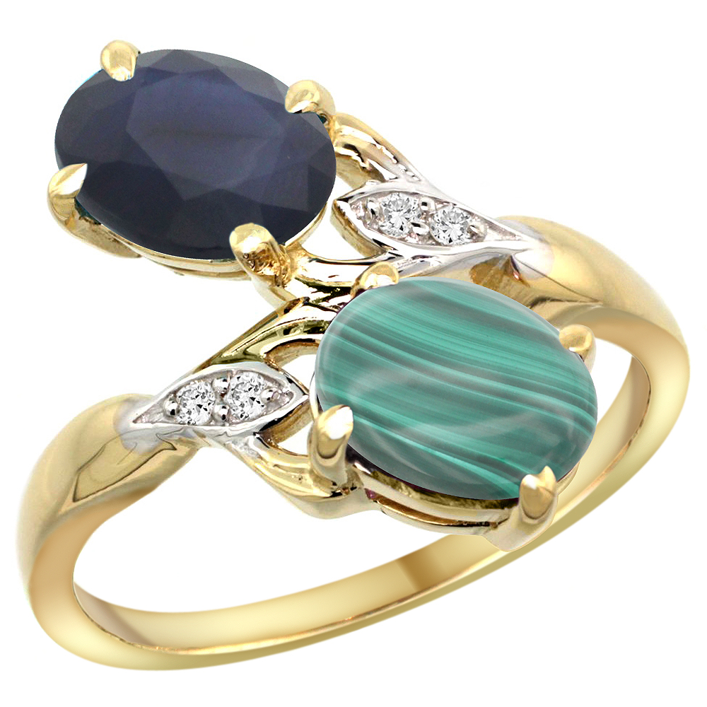 14k Yellow Gold Diamond Natural Blue Sapphire &amp; Malachite 2-stone Ring Oval 8x6mm, sizes 5 - 10