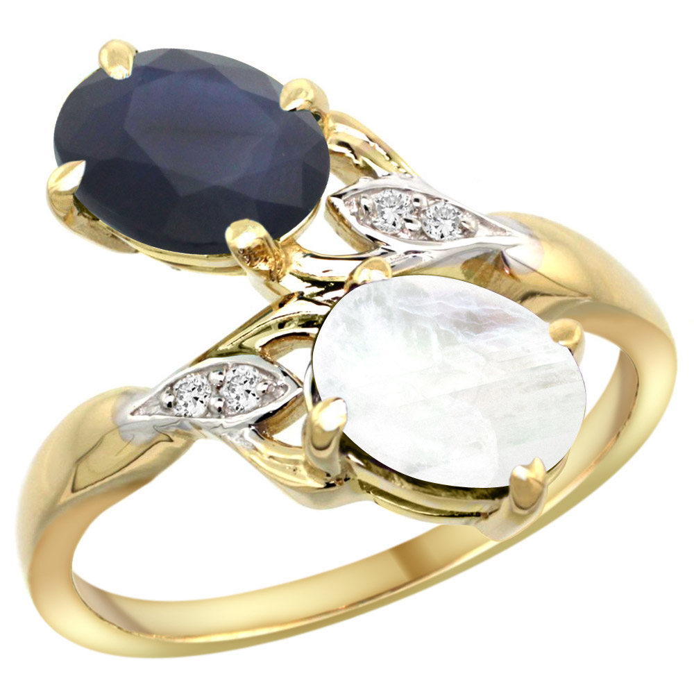 10K Yellow Gold Diamond Natural Blue Sapphire &amp; Rainbow Moonstone 2-stone Ring Oval 8x6mm, sizes 5 - 10