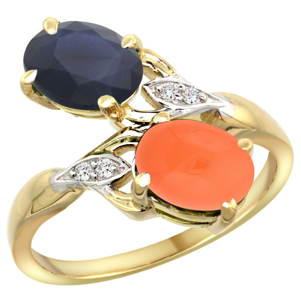 14K YELLOW GOLD DIAMOND NATURAL BLUE SAPPHIRE & ORANGE MOONSTONE 2-STONE RING OVAL 8X6MM, SIZES 5 - 10