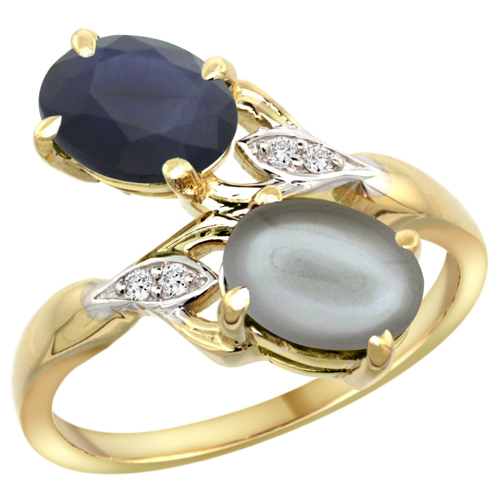 14K YELLOW GOLD DIAMOND NATURAL BLUE SAPPHIRE & GRAY MOONSTONE 2-STONE RING OVAL 8X6MM, SIZES 5 - 10