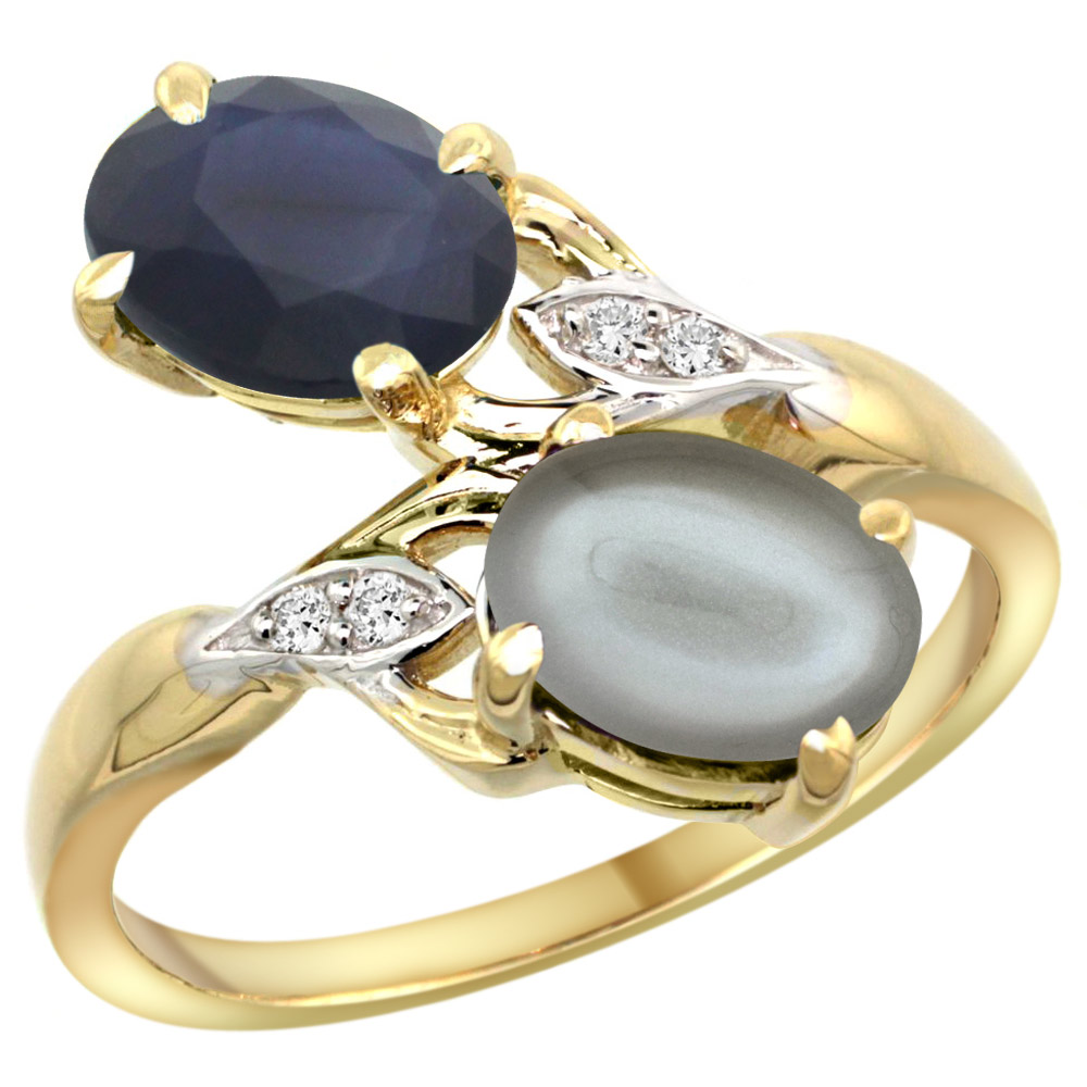 14k Yellow Gold Diamond Natural Blue Sapphire &amp; Gray Moonstone 2-stone Ring Oval 8x6mm, sizes 5 - 10