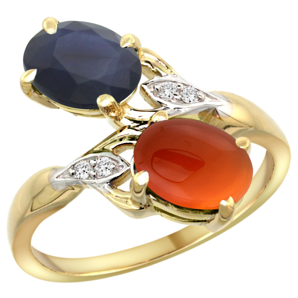 14K YELLOW GOLD DIAMOND NATURAL BLUE SAPPHIRE & BROWN AGATE 2-STONE RING OVAL 8X6MM, SIZES 5 - 10