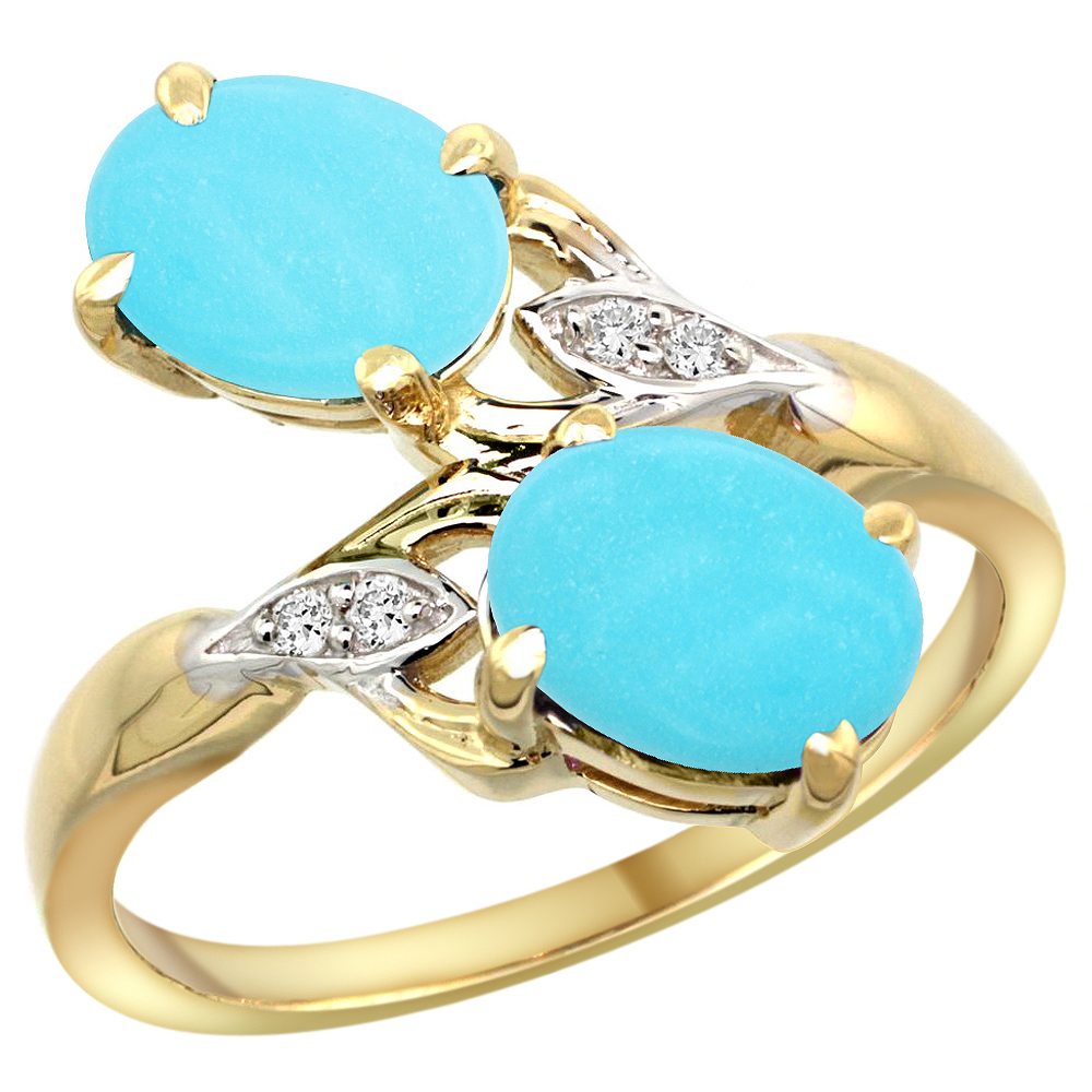 14k Yellow Gold Diamond Natural Turquoise 2-stone Ring Oval 8x6mm, sizes 5 - 10