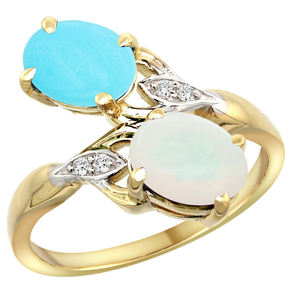 14K YELLOW GOLD DIAMOND NATURAL TURQUOISE & OPAL 2-STONE RING OVAL 8X6MM, SIZES 5 - 10