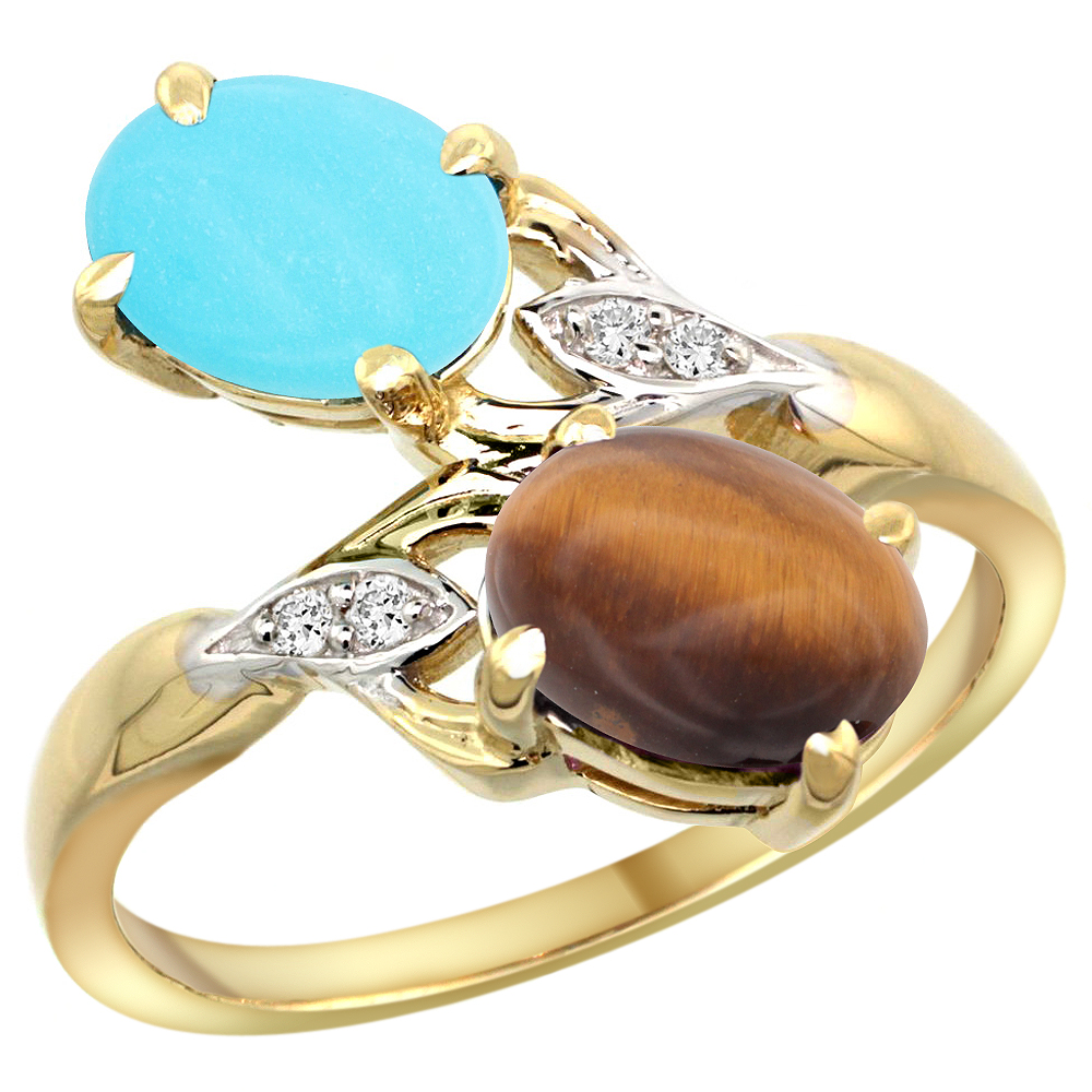 14K YELLOW GOLD DIAMOND NATURAL TURQUOISE & TIGER EYE 2-STONE RING OVAL 8X6MM, SIZES 5 - 10