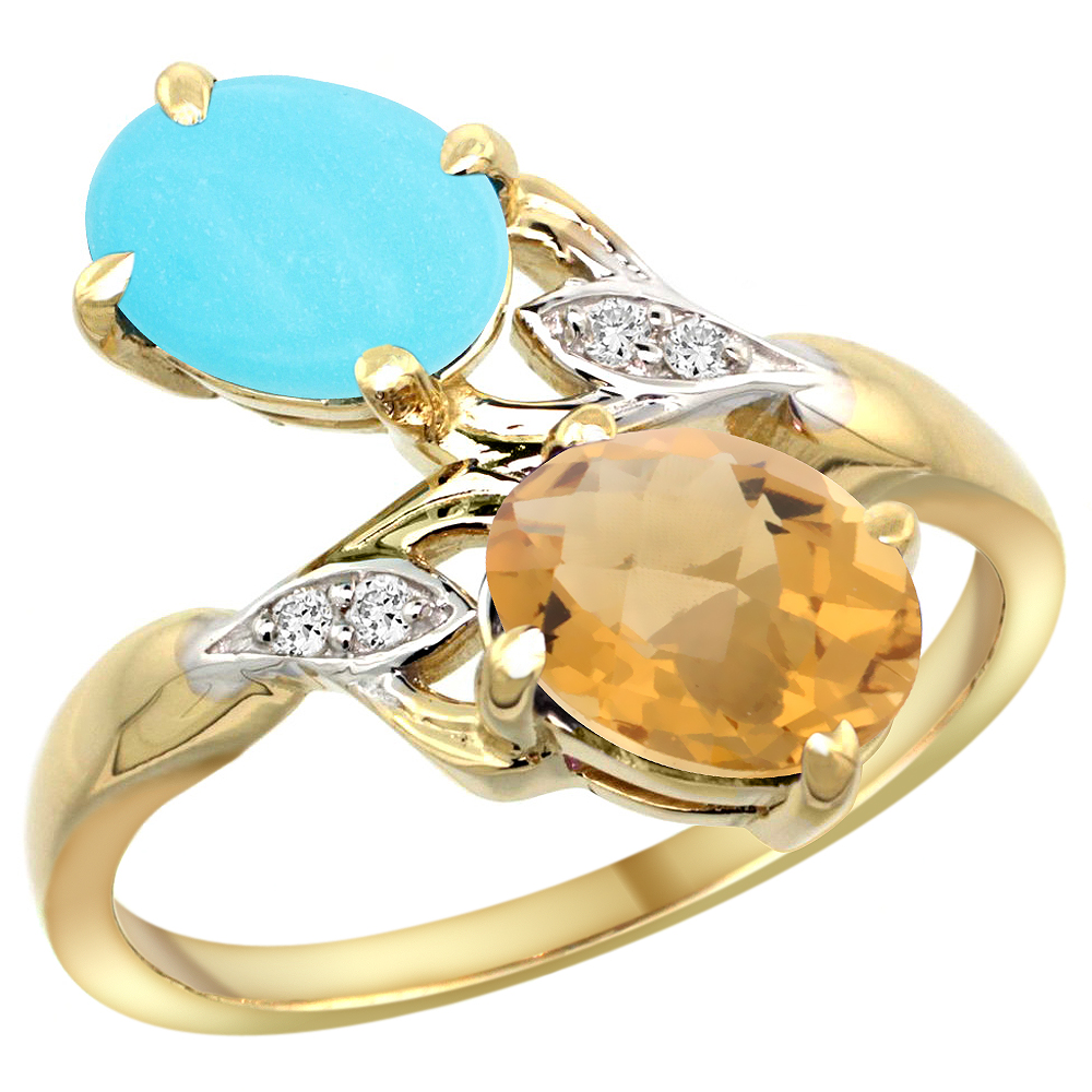 14K YELLOW GOLD DIAMOND NATURAL TURQUOISE & WHISKY QUARTZ 2-STONE RING OVAL 8X6MM, SIZES 5 - 10