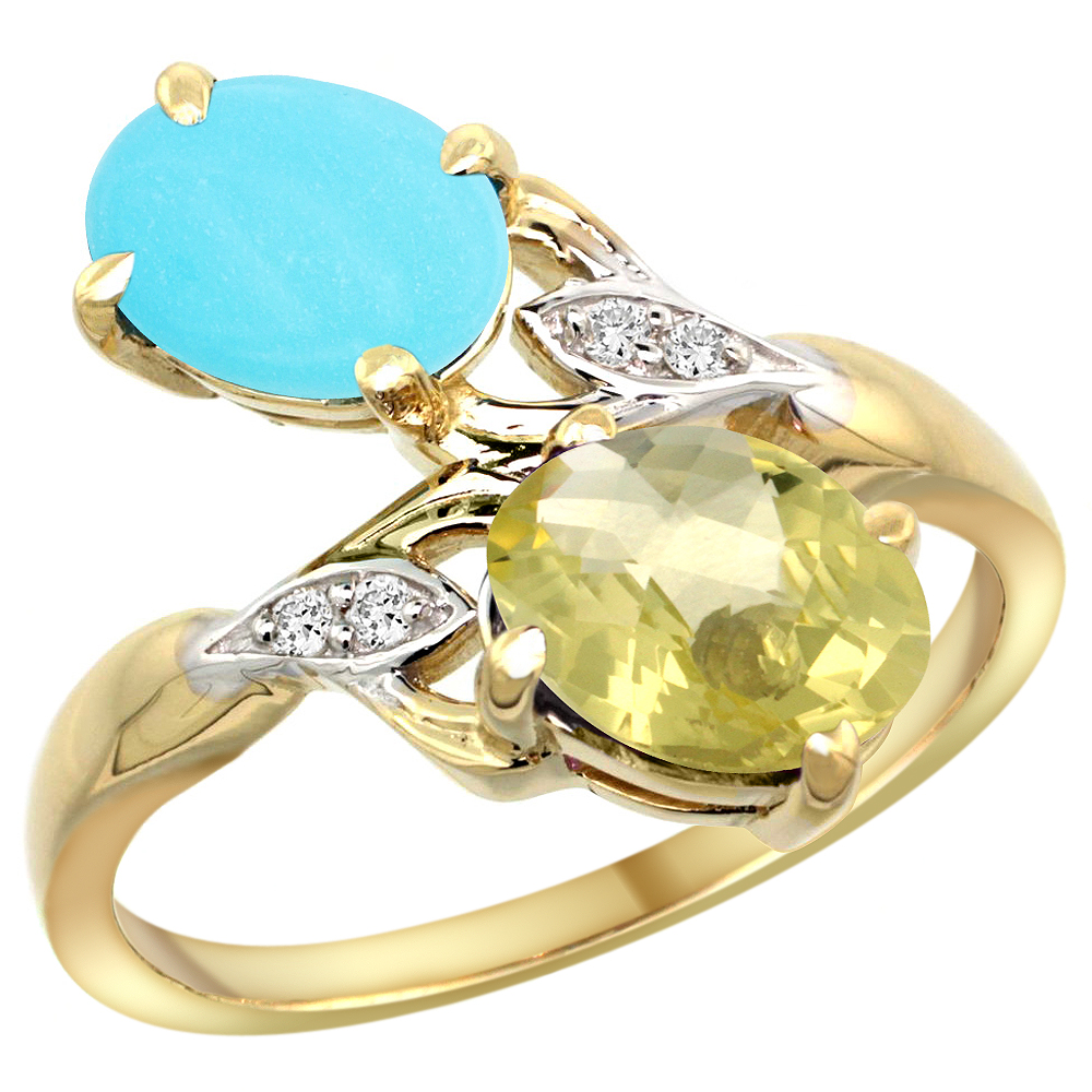 14K YELLOW GOLD DIAMOND NATURAL TURQUOISE & LEMON QUARTZ 2-STONE RING OVAL 8X6MM, SIZES 5 - 10