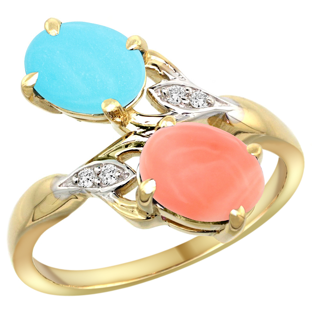 14K YELLOW GOLD DIAMOND NATURAL TURQUOISE & CORAL 2-STONE RING OVAL 8X6MM, SIZES 5 - 10