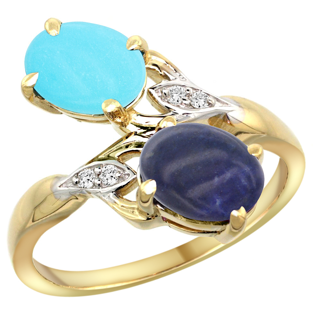 14K YELLOW GOLD DIAMOND NATURAL TURQUOISE & LAPIS 2-STONE RING OVAL 8X6MM, SIZES 5 - 10