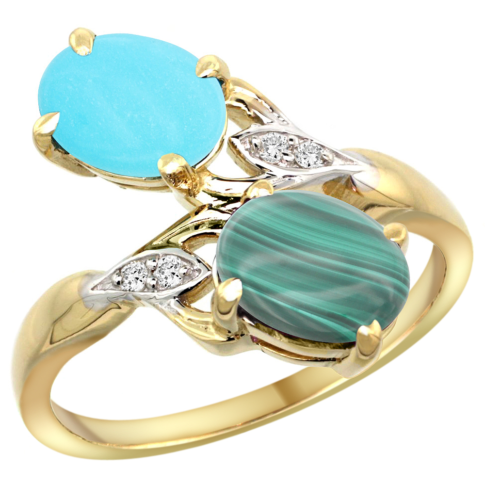 14K YELLOW GOLD DIAMOND NATURAL TURQUOISE & MALACHITE 2-STONE RING OVAL 8X6MM, SIZES 5 - 10