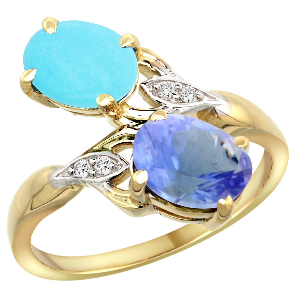 14K YELLOW GOLD DIAMOND NATURAL TURQUOISE & TANZANITE 2-STONE RING OVAL 8X6MM, SIZES 5 - 10