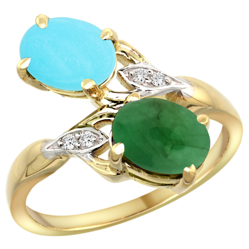 14K YELLOW GOLD DIAMOND NATURAL TURQUOISE & CABOCHON EMERALD 2-STONE RING OVAL 8X6MM, SIZES 5 - 10