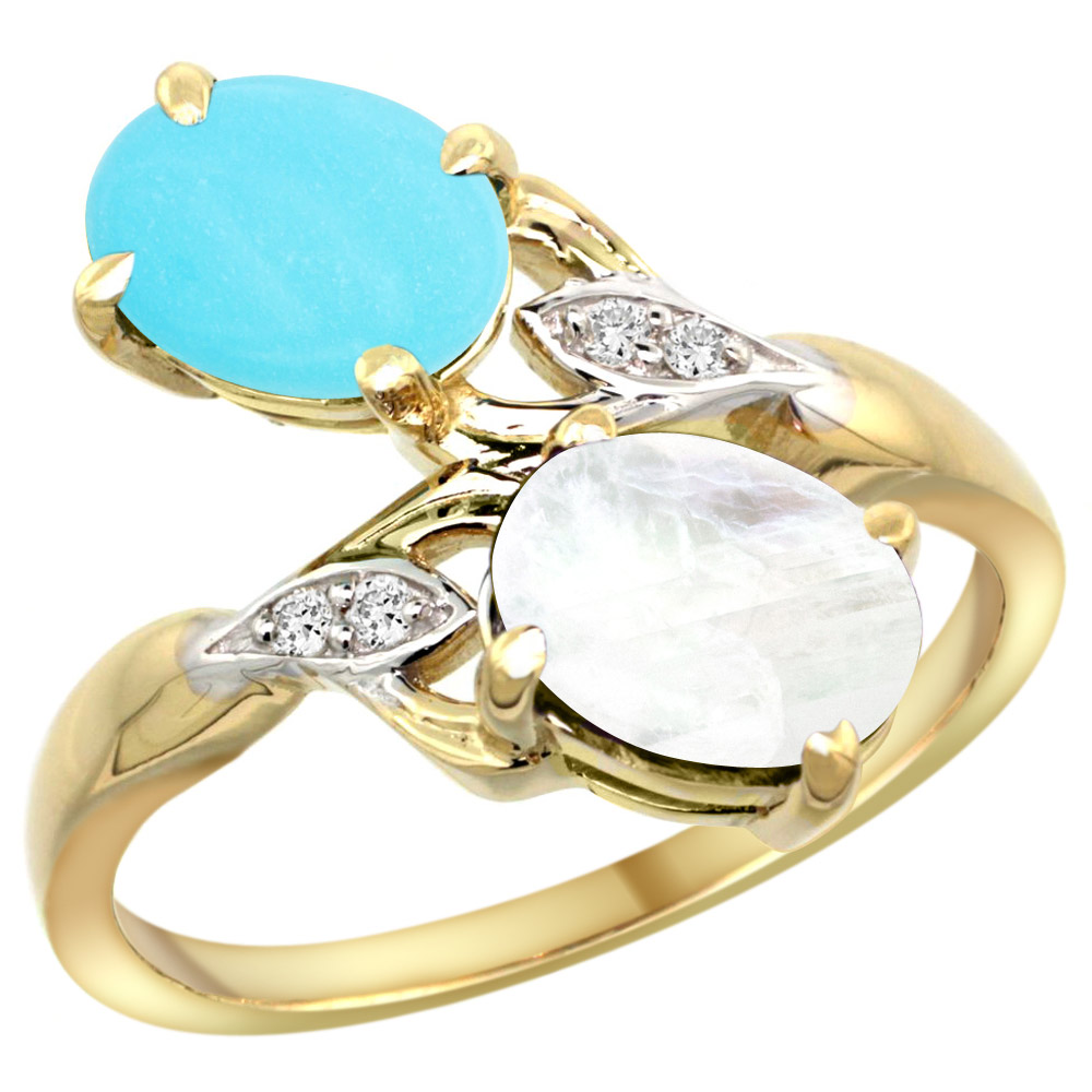 14K YELLOW GOLD DIAMOND NATURAL TURQUOISE & RAINBOW MOONSTONE 2-STONE RING OVAL 8X6MM, SIZES 5 - 10