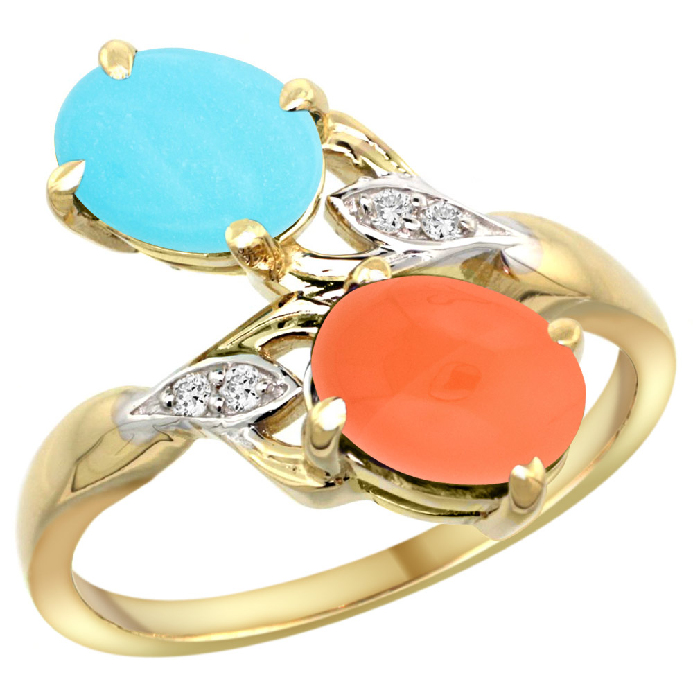 14K YELLOW GOLD DIAMOND NATURAL TURQUOISE & ORANGE MOONSTONE 2-STONE RING OVAL 8X6MM, SIZES 5 - 10