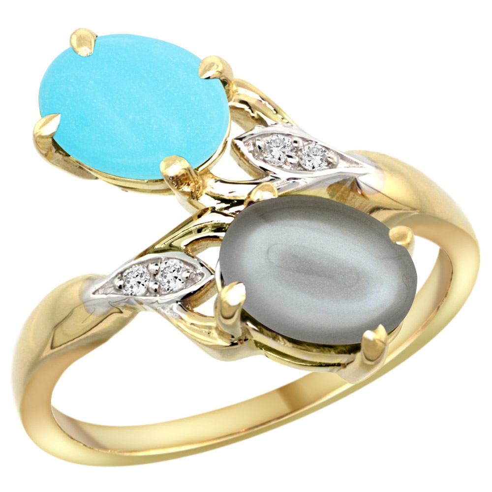14k Yellow Gold Diamond Natural Turquoise &amp; Gray Moonstone 2-stone Ring Oval 8x6mm, sizes 5 - 10