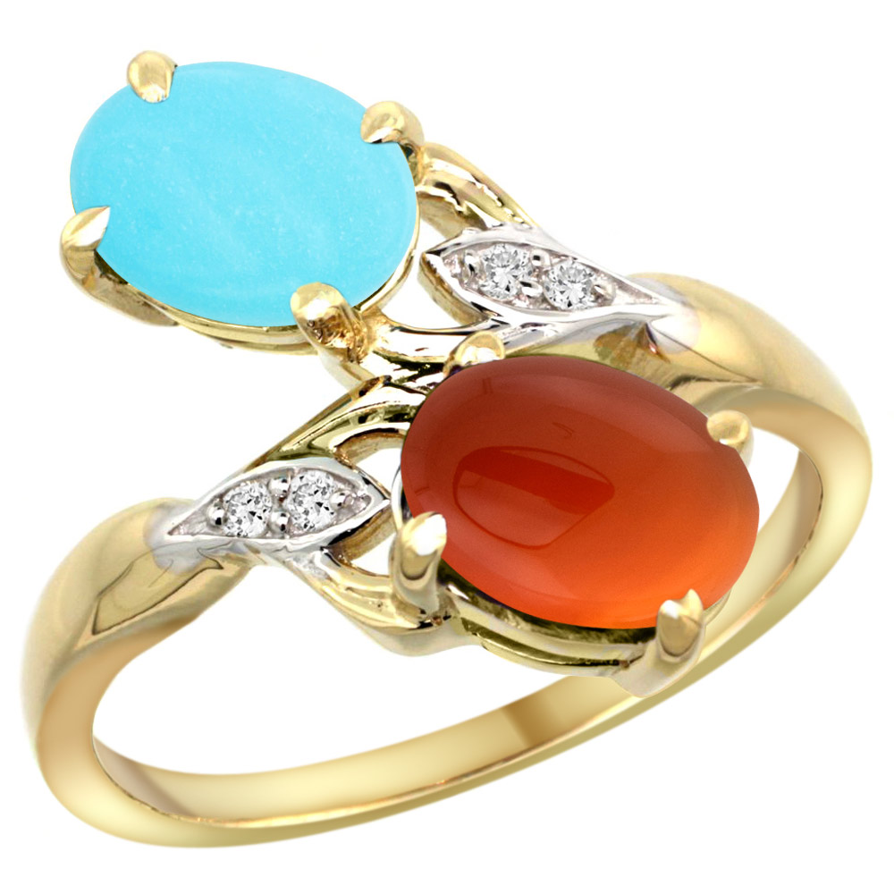 14k Yellow Gold Diamond Natural Turquoise & Brown Agate 2-stone Ring Oval 8x6mm, sizes 5 - 10