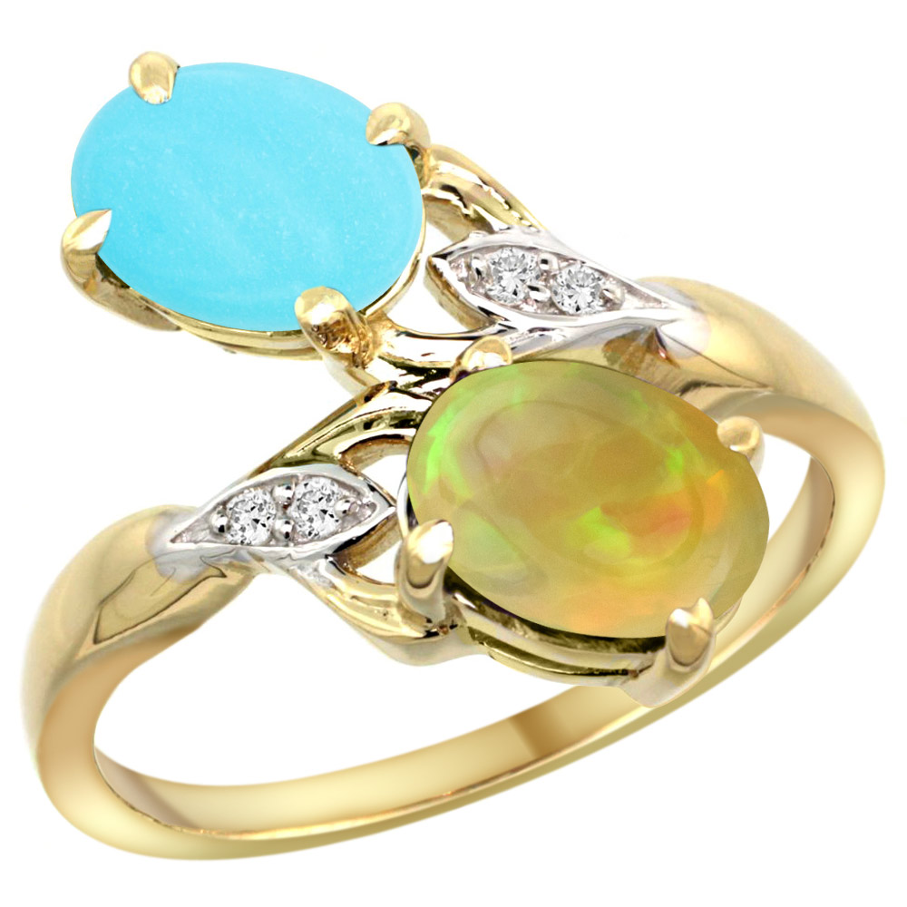 14k Yellow Gold Diamond Natural Turquoise &amp; Ethiopian Opal 2-stone Mothers Ring Oval 8x6mm, size 5 - 10