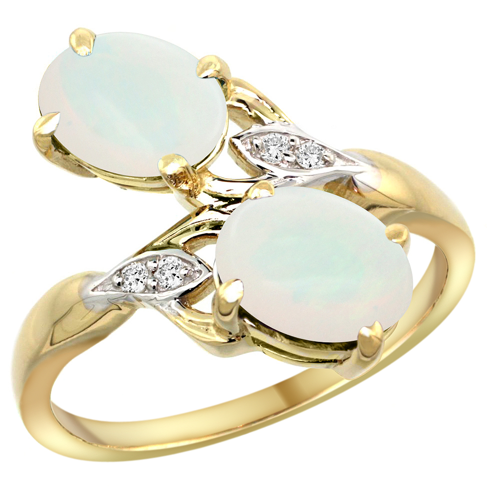 10K Yellow Gold Diamond Natural Opal 2-stone Ring Oval 8x6mm, sizes 5 - 10