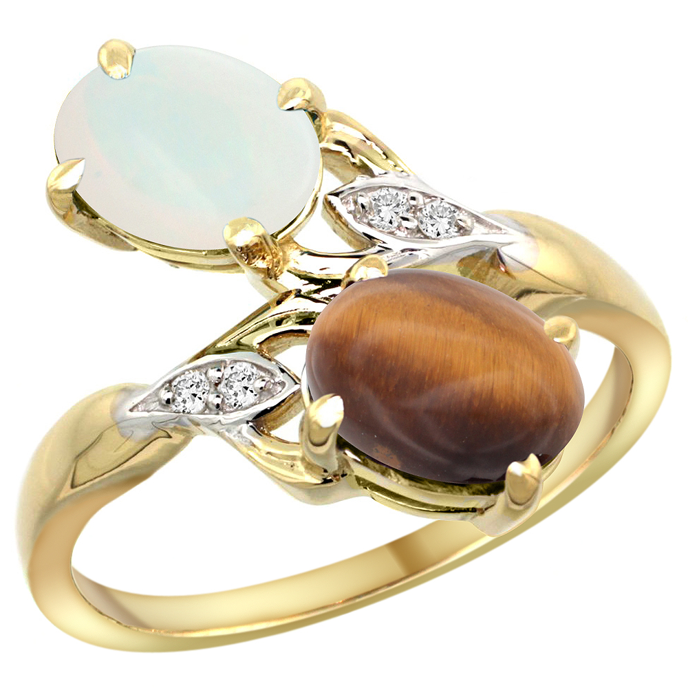 10K Yellow Gold Diamond Natural Opal &amp; Tiger Eye 2-stone Ring Oval 8x6mm, sizes 5 - 10