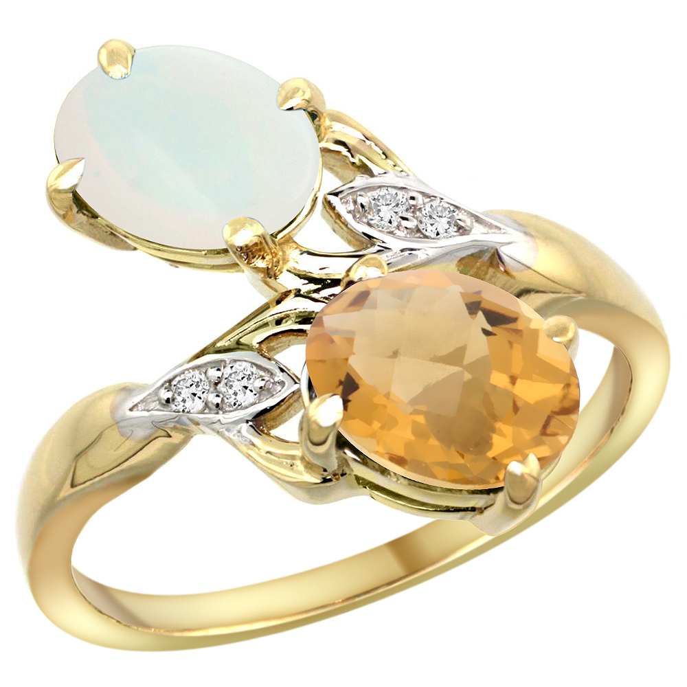 14k Yellow Gold Diamond Natural Opal &amp; Whisky Quartz 2-stone Ring Oval 8x6mm, sizes 5 - 10