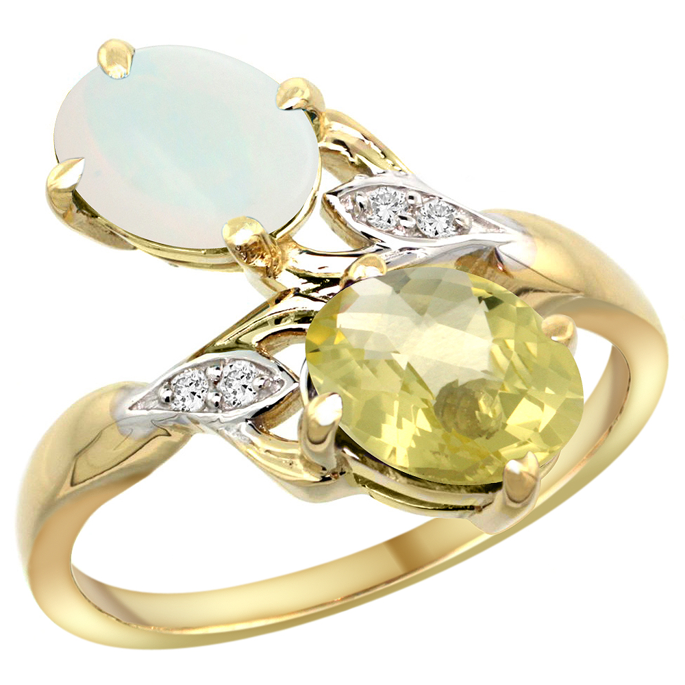 14k Yellow Gold Diamond Natural Opal &amp; Lemon Quartz 2-stone Ring Oval 8x6mm, sizes 5 - 10