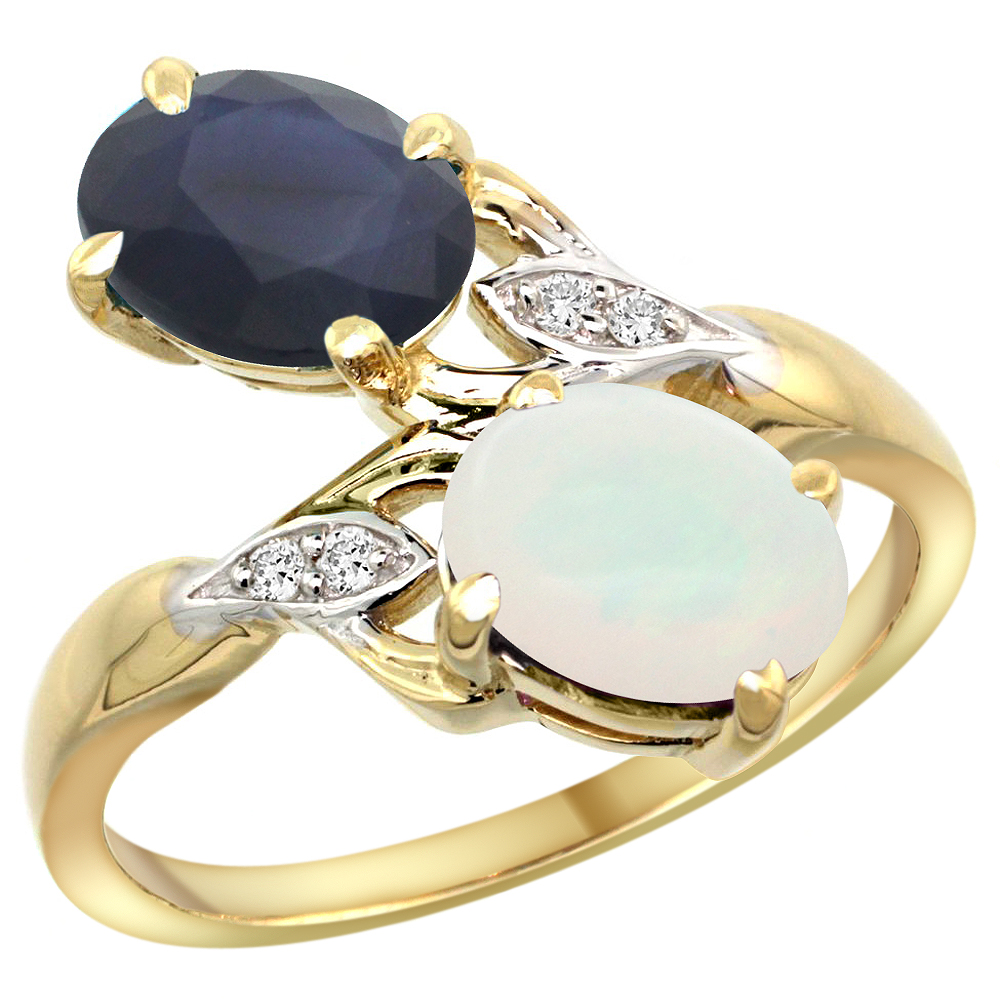 14k Yellow Gold Diamond Natural Opal &amp; Australian Sapphire 2-stone Ring Oval 8x6mm, sizes 5 - 10