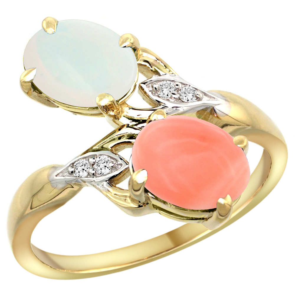 14K YELLOW GOLD DIAMOND NATURAL OPAL & CORAL 2-STONE RING OVAL 8X6MM, SIZES 5 - 10