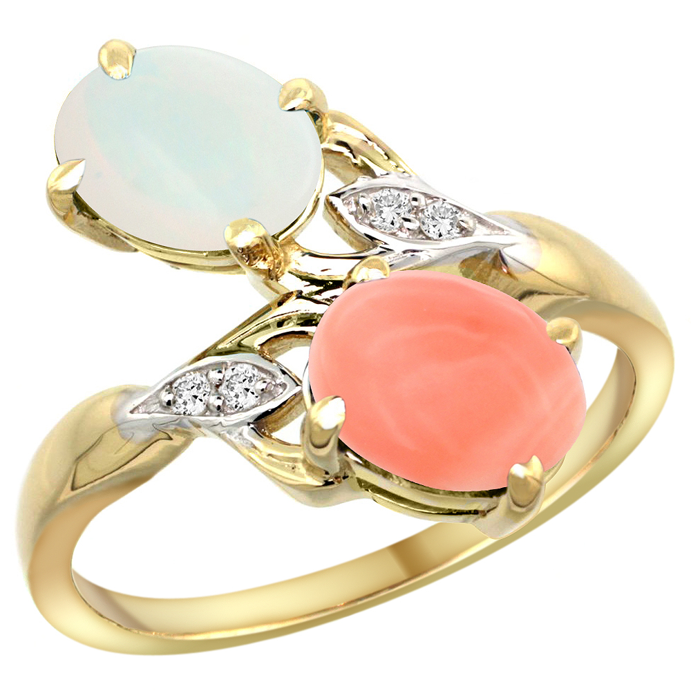14k Yellow Gold Diamond Natural Opal &amp; Coral 2-stone Ring Oval 8x6mm, sizes 5 - 10