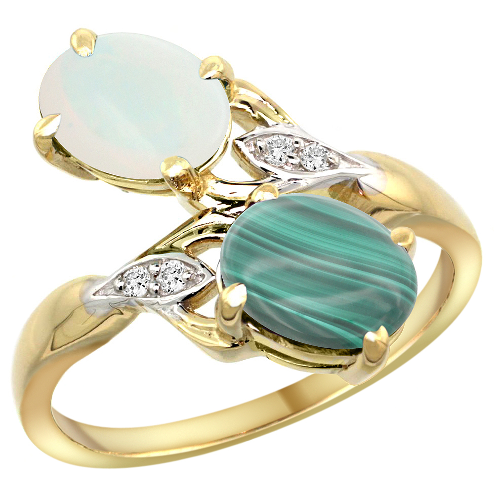 14K YELLOW GOLD DIAMOND NATURAL OPAL & MALACHITE 2-STONE RING OVAL 8X6MM, SIZES 5 - 10