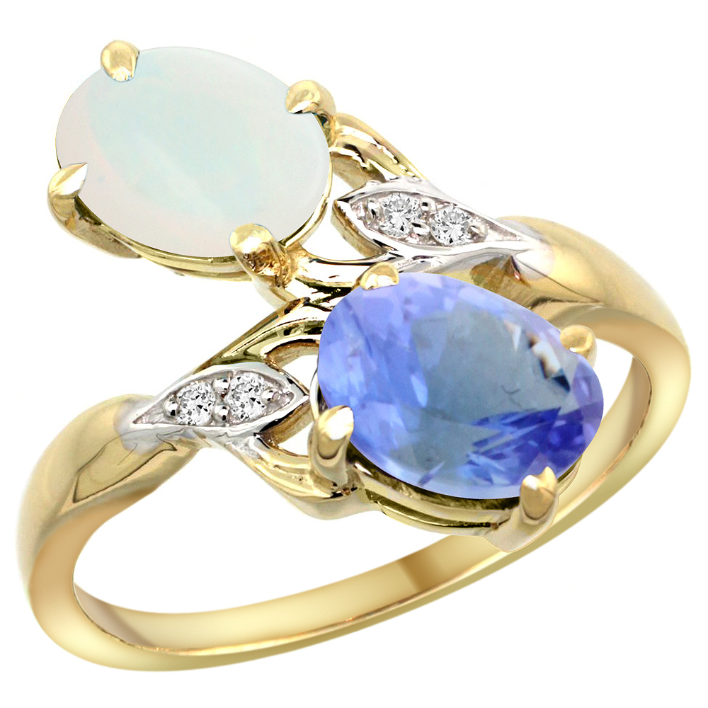 14K YELLOW GOLD DIAMOND NATURAL OPAL & TANZANITE 2-STONE RING OVAL 8X6MM, SIZES 5 - 10